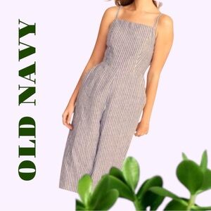 OLD NAVY LINEN JUMPSUIT BLUE WHITE SPAGHETTI STRAPS STRIPED W ELASTIC BACK SZ S